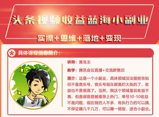 黄岛主·头条视频蓝海小领域副业项目，单号30-50收益不是问题￼-热爱者网创