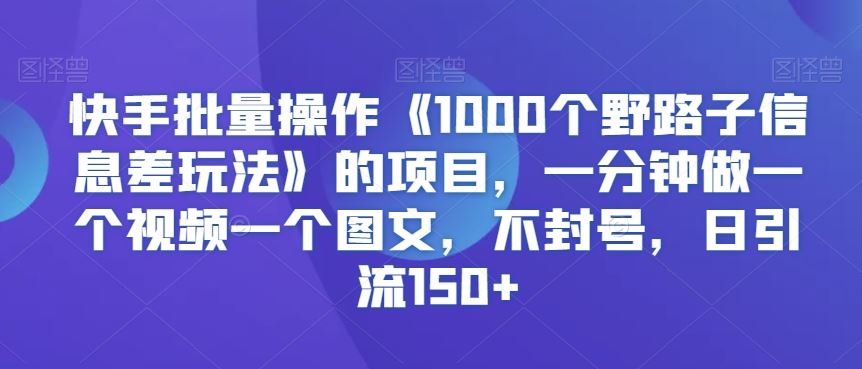 快手批量操作《1000个野路子信息差玩法》的项目，一分钟做一个视频一个图文，不封号，日引流150+【揭秘】-热爱者网创