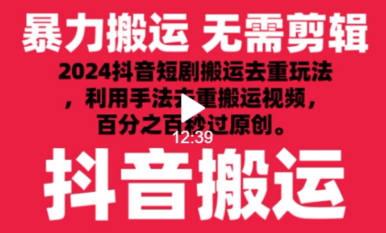 2024最新抖音搬运技术，抖音短剧视频去重，手法搬运，利用工具去重，达到秒过原创的效果-热爱者网创