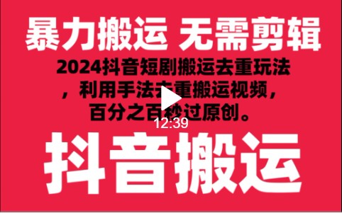 2024最新抖音搬运技术，抖音短剧视频去重，手法搬运，利用工具去重，秒过原创！-热爱者网创