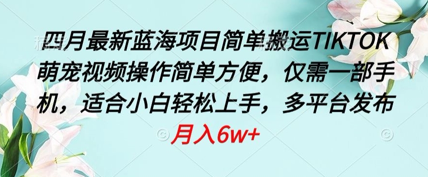 四月最新蓝海项目，简单搬运TIKTOK萌宠视频，操作简单方便，仅需一部手机-热爱者网创