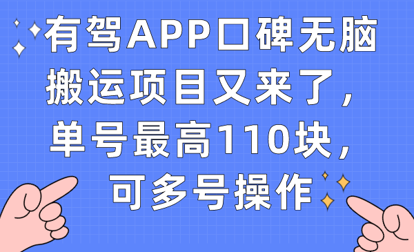 有驾APP口碑无脑搬运项目又来了，单号最高110块，可多号操作-热爱者网创