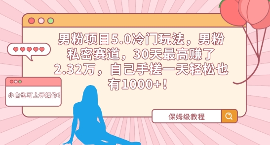 男粉项目5.0冷门玩法，男粉私密赛道，30天最高赚了2.32万，自己手搓一天轻松也有1000+-热爱者网创