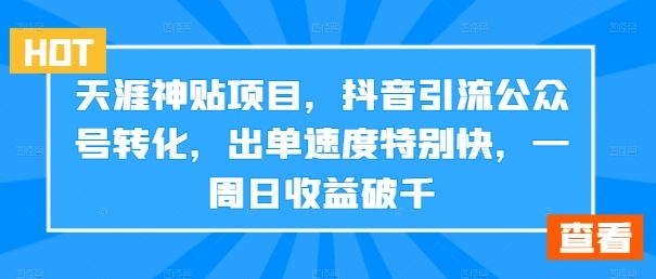 天涯神贴项目，抖音引流公众号转化，出单速度特别快，一周日收益破千-热爱者网创